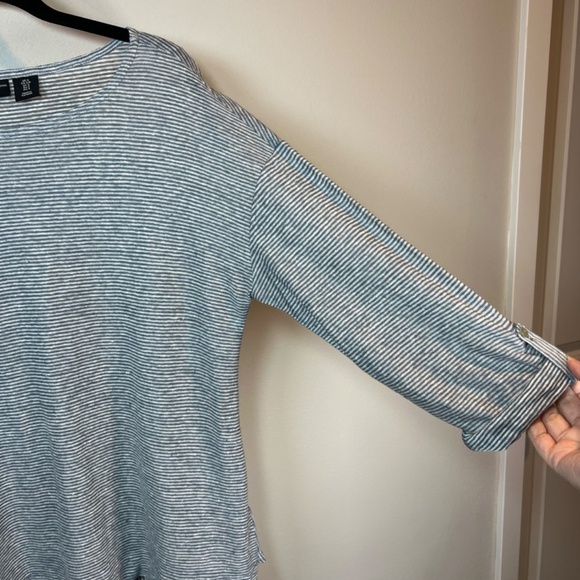 Adrienne Vittadini Striped Linen Tunic Top Blue White Roll Tab Sleeves Sz Small - Picture 2 of 14